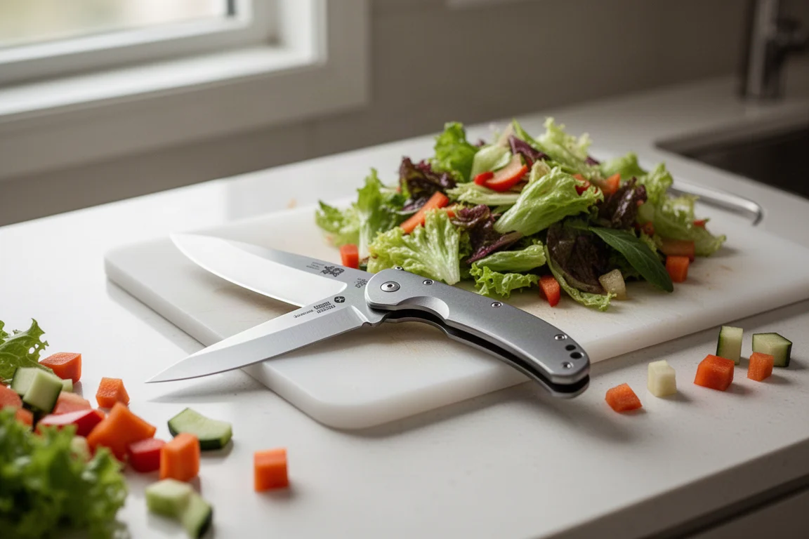 Folding kitchen knife open on a kitchen counter during food prep