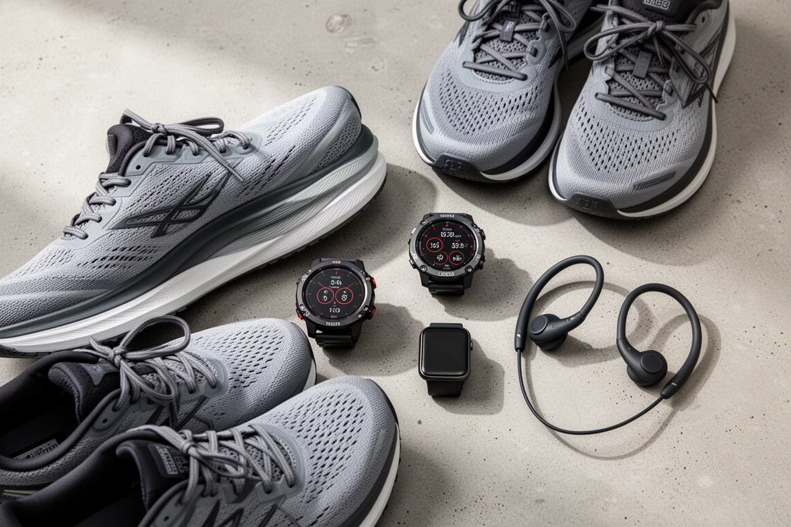 Flat-lay of running shoes, GPS watches and open-ear headphones on concrete