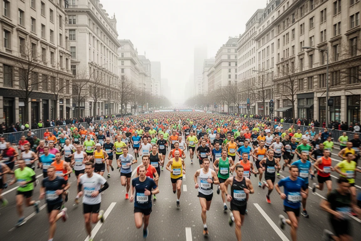 Maratoneti che si muovono in una strada cittadina affollata nelle prime miglia di una gara