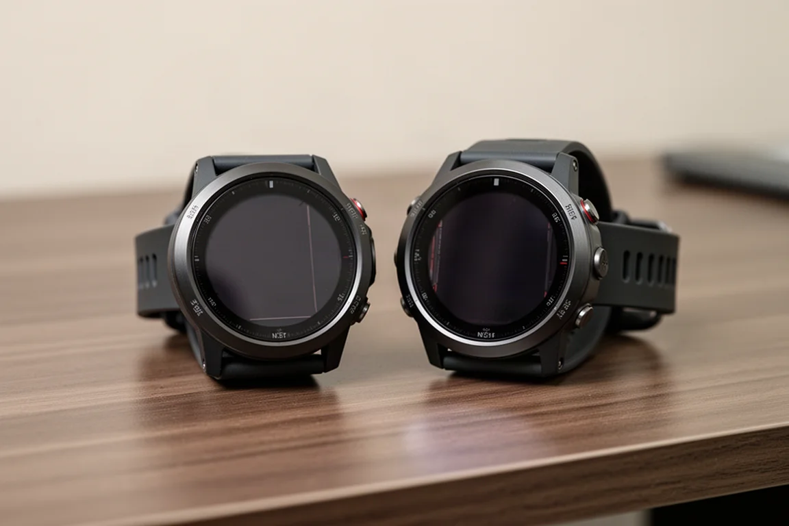 Due orologi sportivi GPS affiancati su una superficie in legno che mostrano i dati di distanza