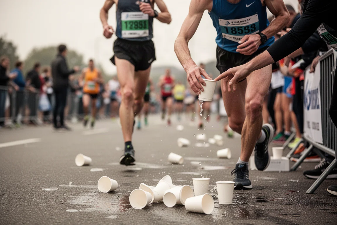 Corridore che allunga la mano verso un bicchiere d'acqua a un punto di ristoro della maratona
