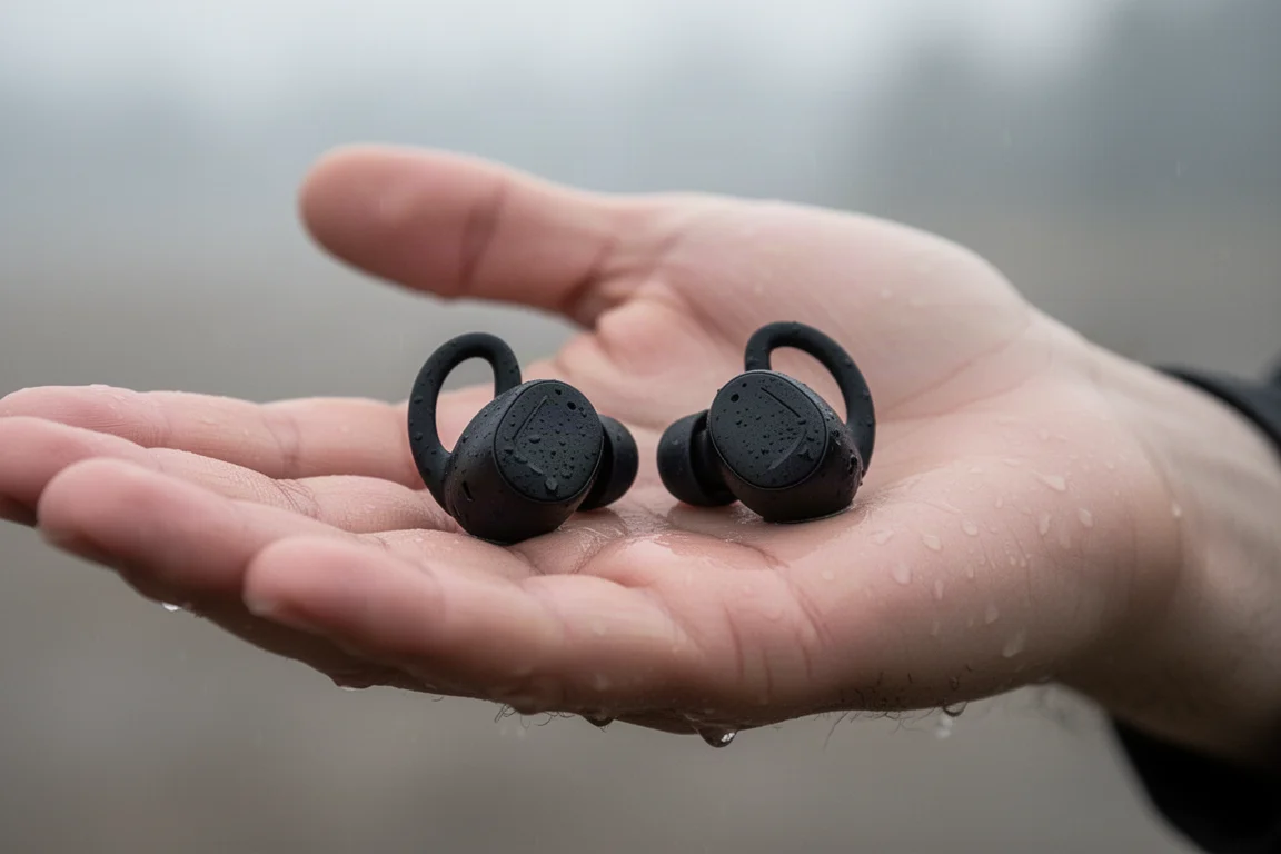 Auricolari sportivi wireless appoggiati sul palmo di un corridore dopo una lunga gara