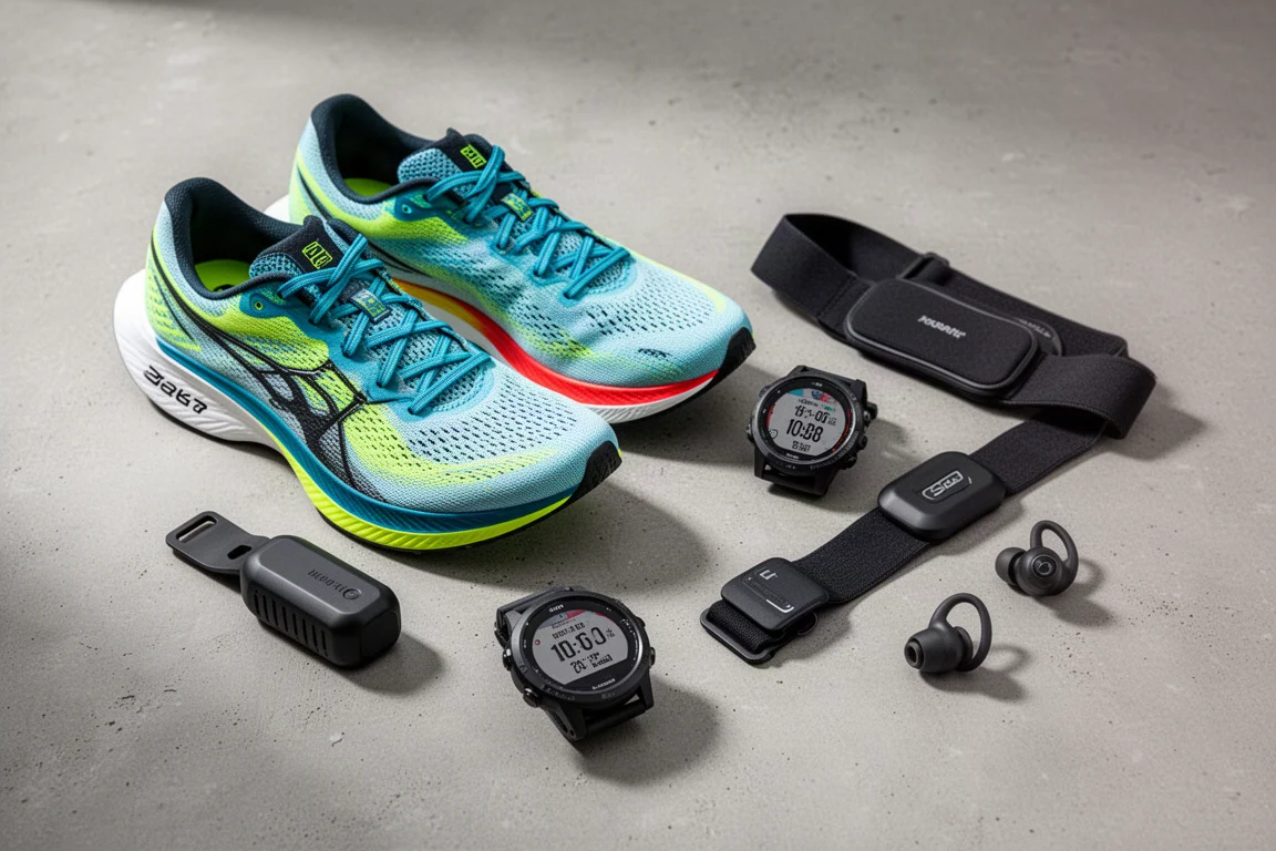 Flat-lay of marathon running gear including shoes, GPS watches, chest strap, sensor pod, and earbuds