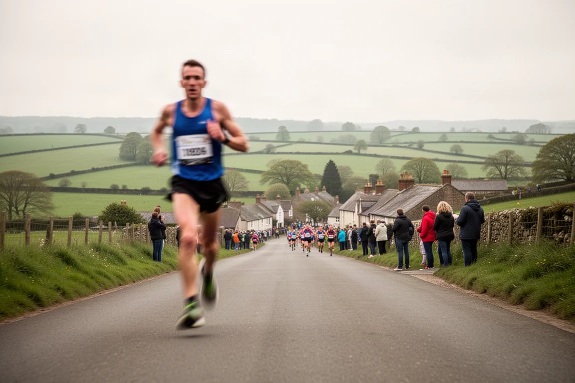 Coureur trouvant son rythme sur une route de campagne fermée pendant un marathon