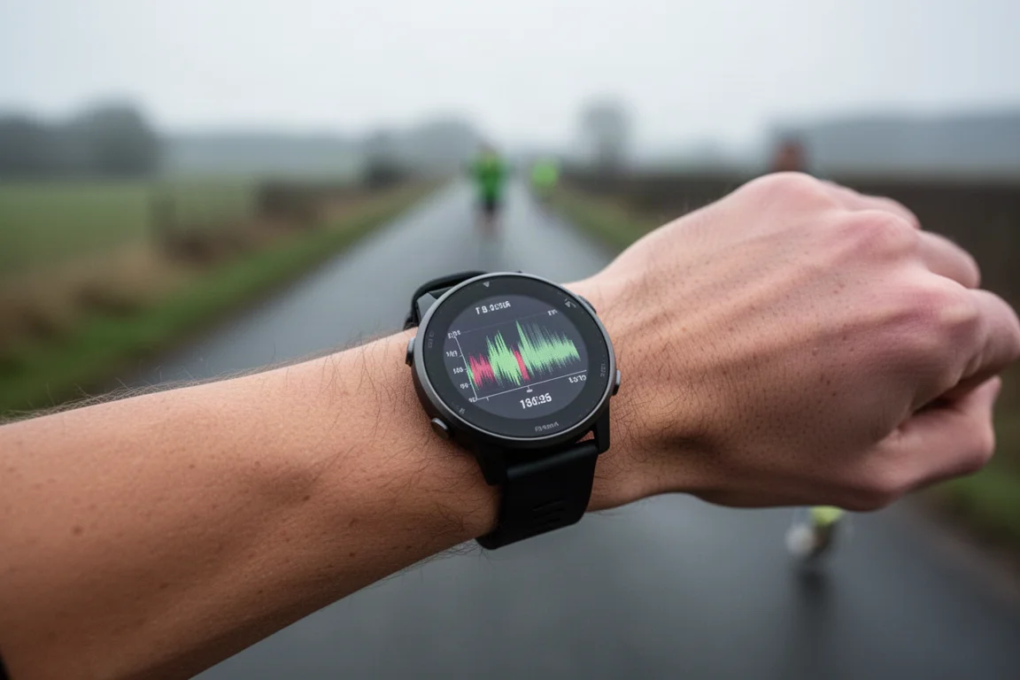 Deux montres GPS au poignet affichant les temps intermédiaires pendant une course