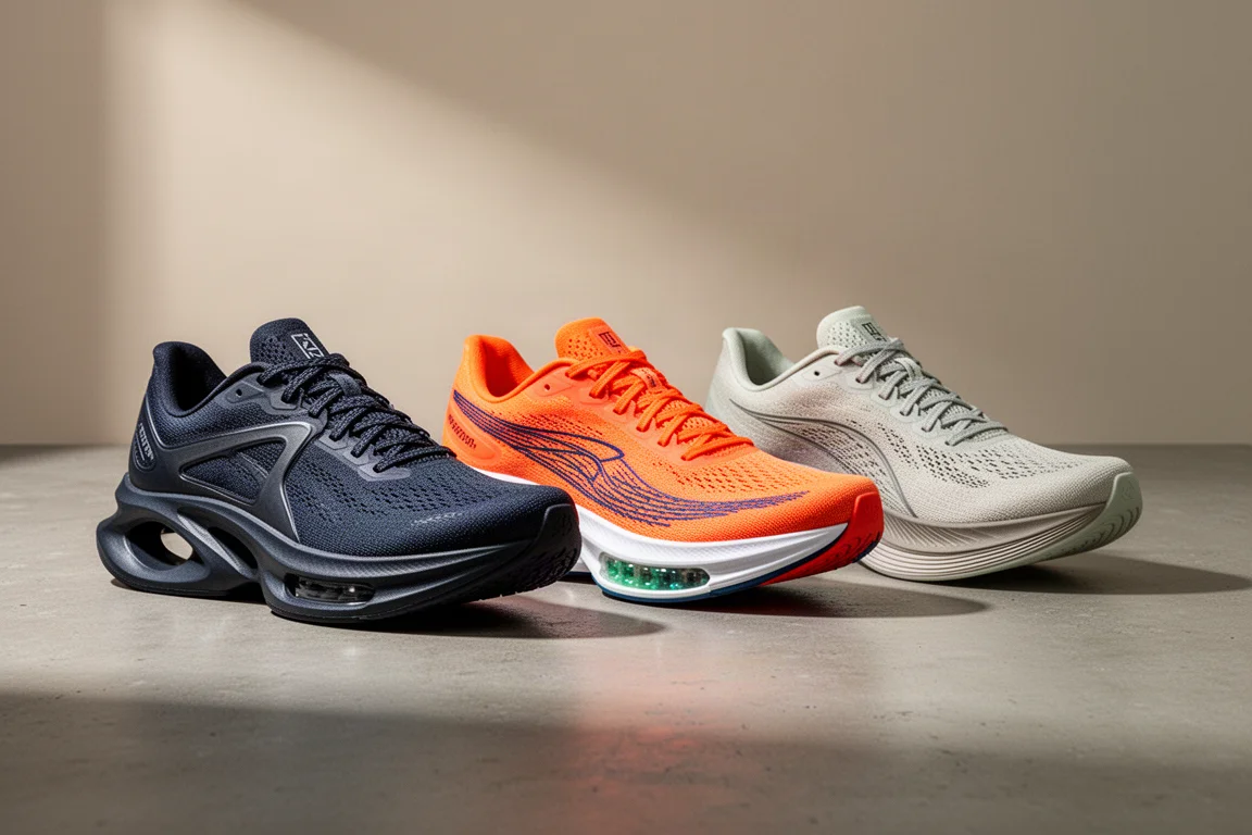 Three marathon racing shoes lined up on a concrete surface