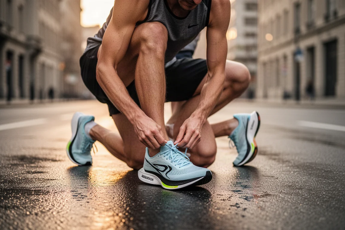 Runner lacing up a pair of marathon racing shoes before an early morning workout