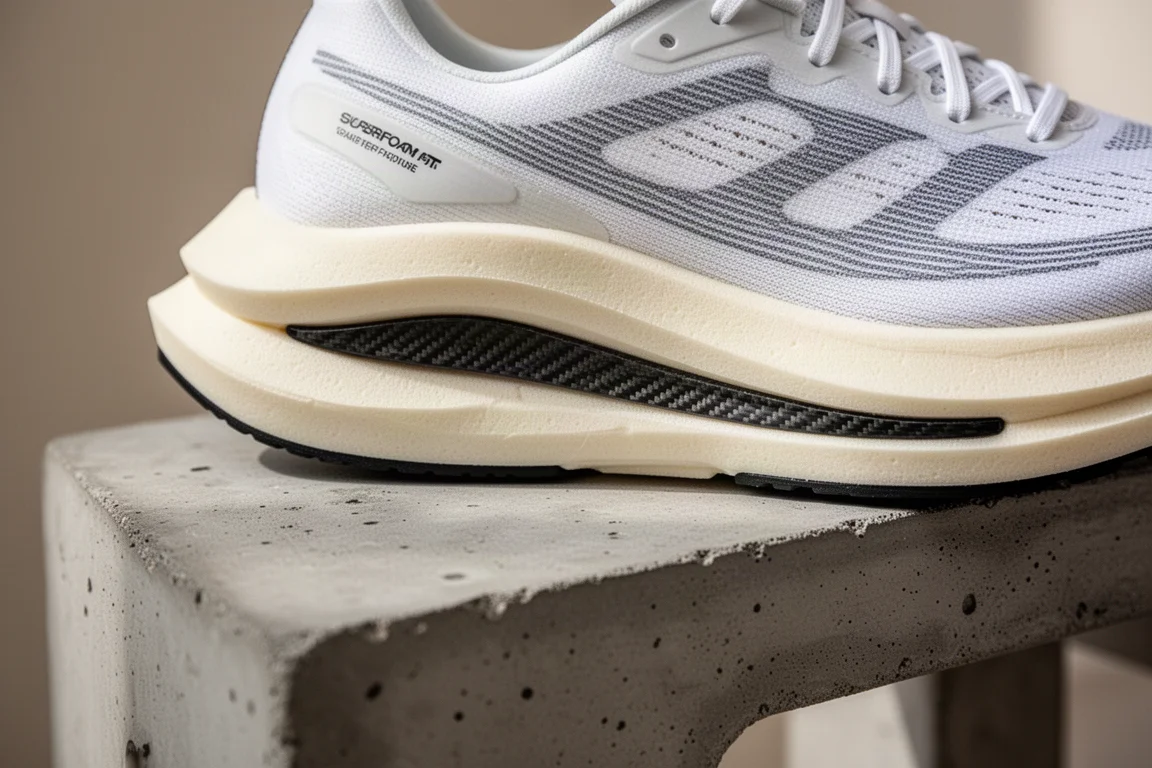 Close-up of a carbon-plated racing shoe midsole showing foam and plate structure