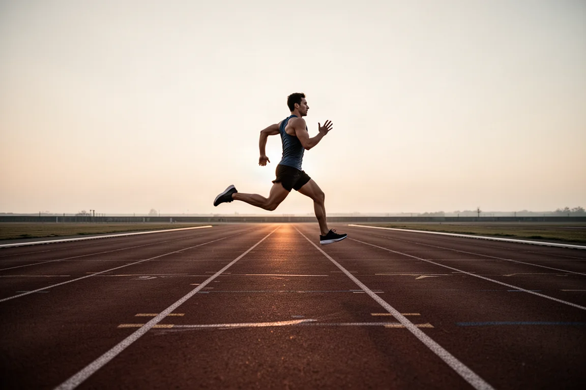 Runner accelerating on a track during a fast interval session at dusk