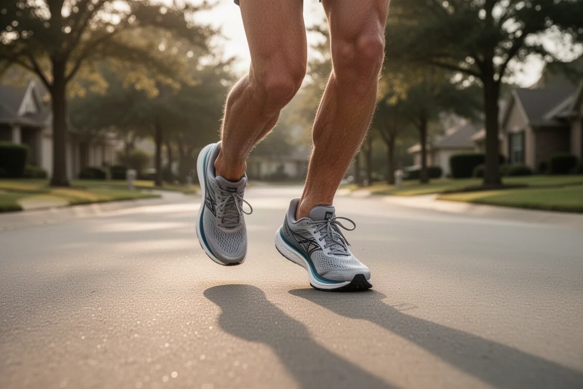 Comfortable training shoe on a runner's foot during an easy long run on pavement