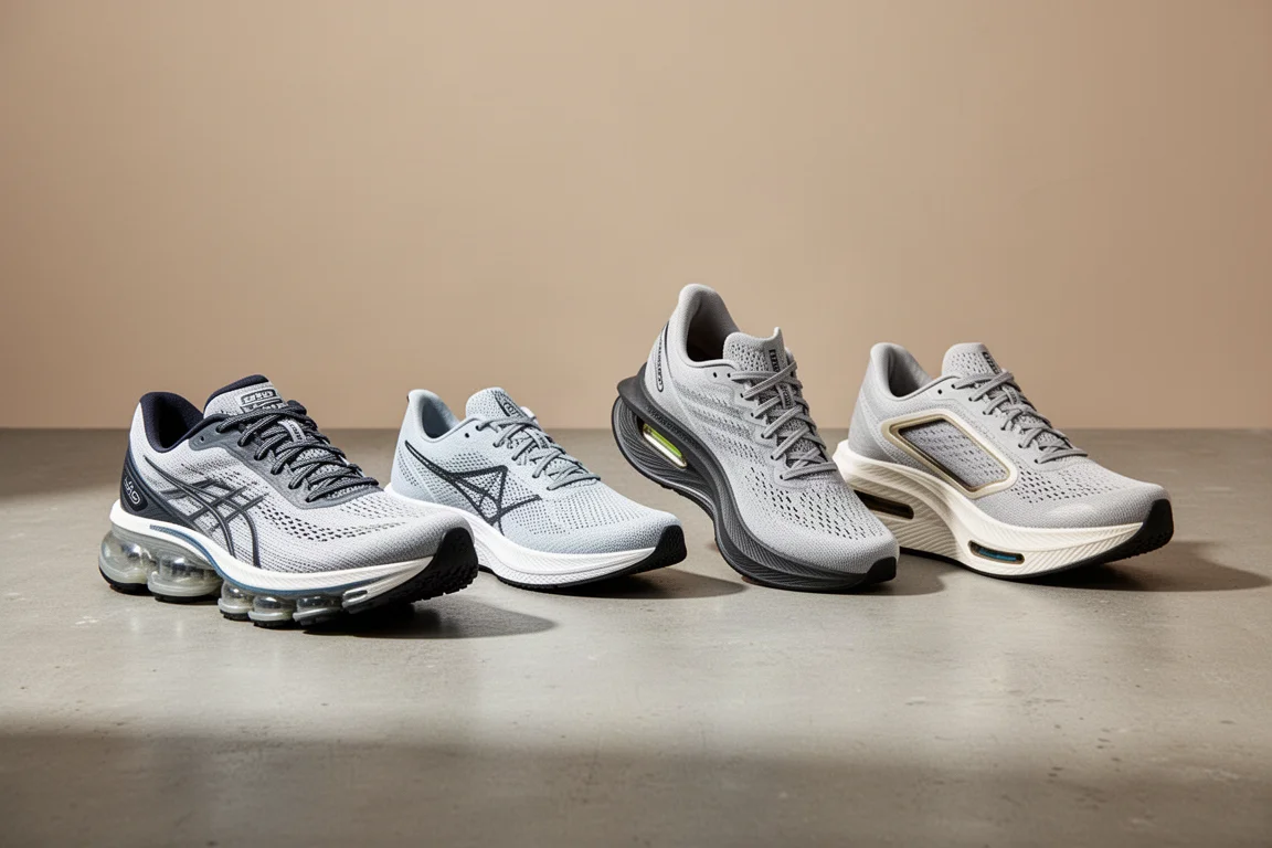 Four marathon racing shoes arranged in a row on a concrete surface