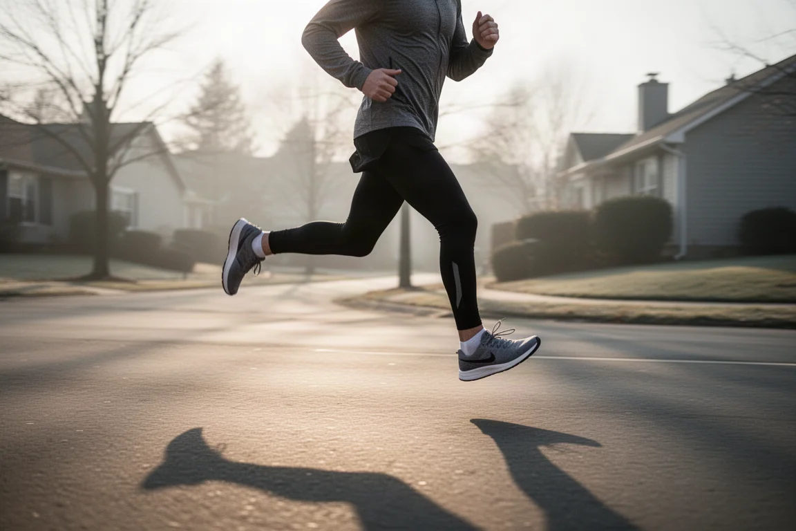 Un runner jogging su una strada di periferia tranquilla nella delicata luce del mattino