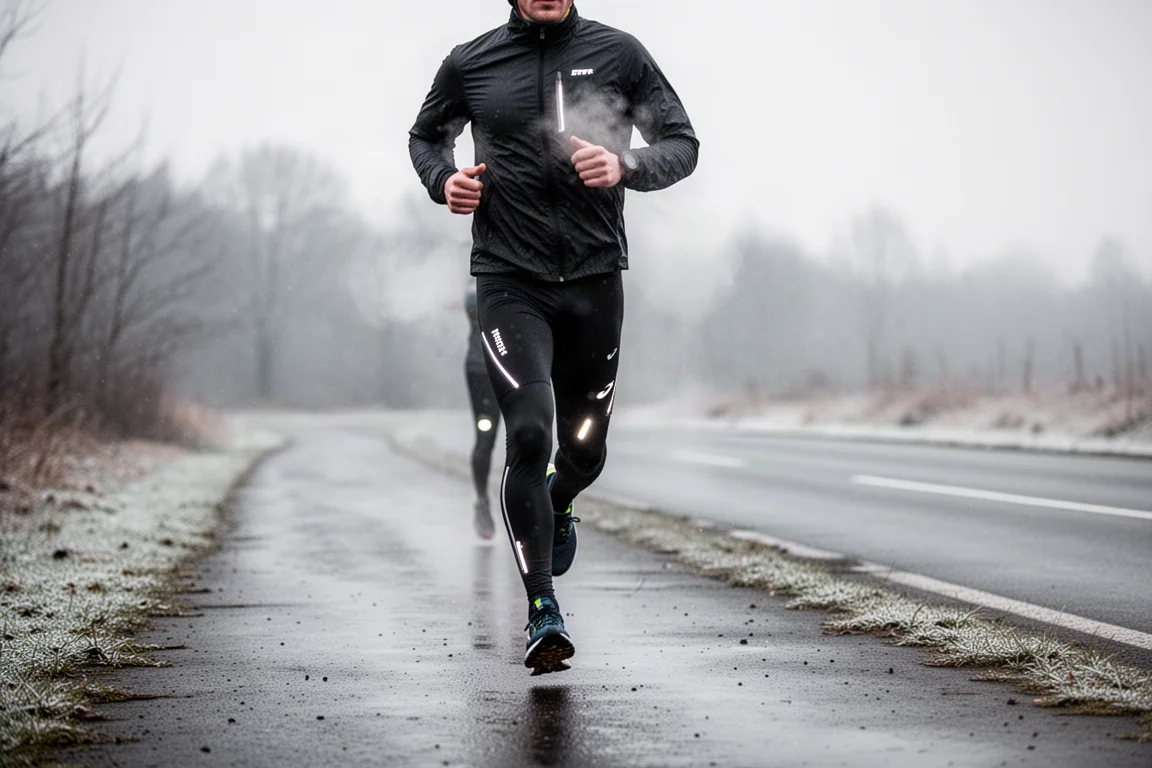 Un runner mantiene un ritmo da maratona costante su strade bagnate invernali