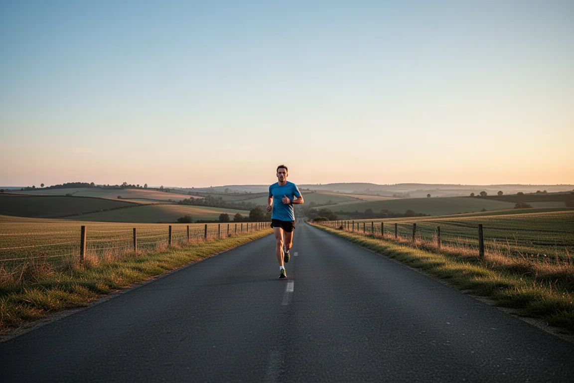 Un runner su un lungo allenamento all'alba su una strada di campagna aperta