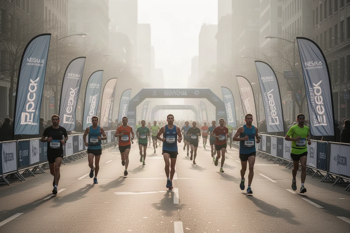 Atmosfera della partenza di una maratona con runner in movimento tra le strade della città