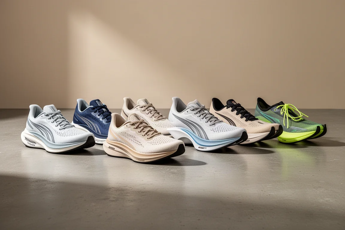 Lineup of nine running shoes of varied silhouettes on a concrete surface