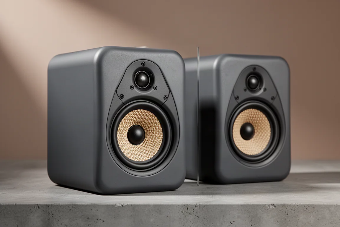 Pair of compact matte grey bookshelf speakers with woven fibre drivers on a neutral backdrop