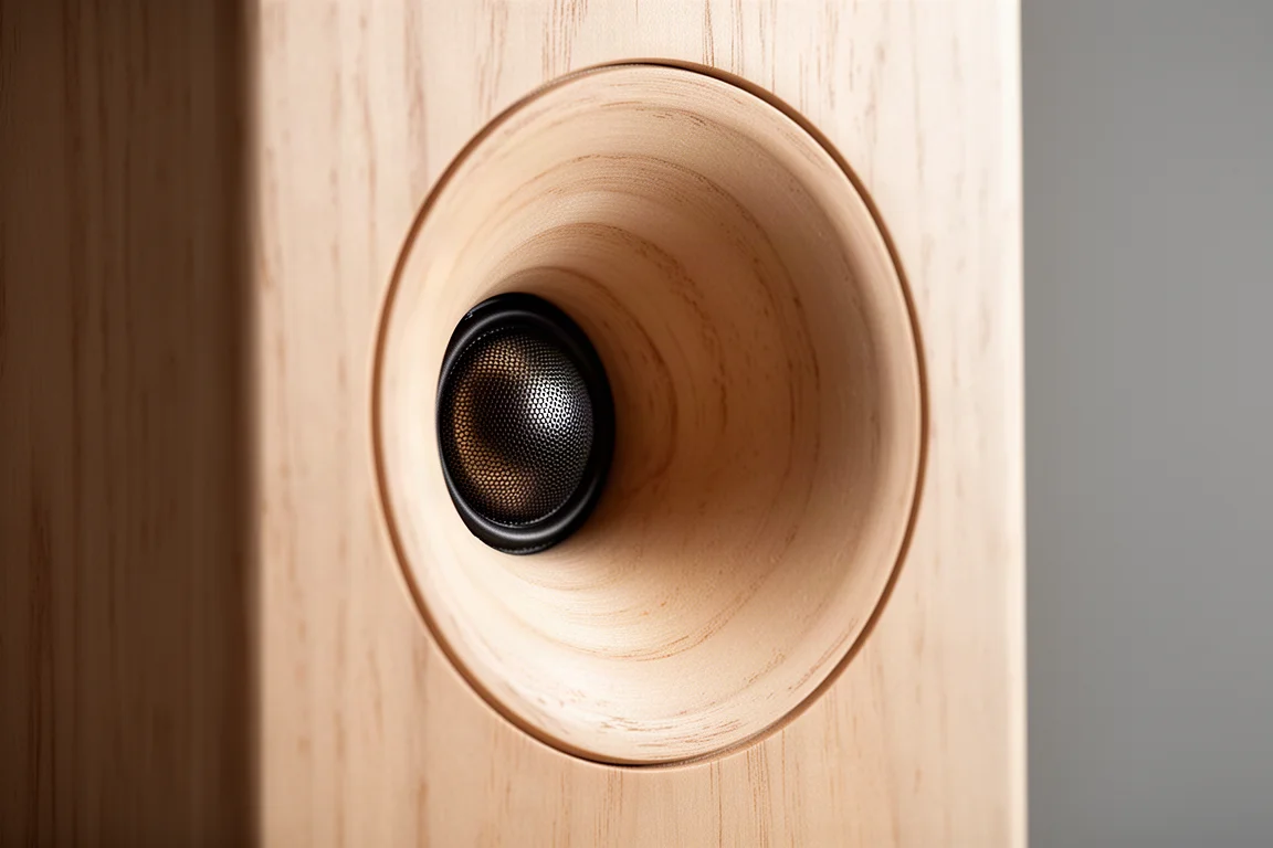 Gros plan d'un tweeter à dôme logé dans un guide d'ondes circulaire sur un baffle d'enceinte