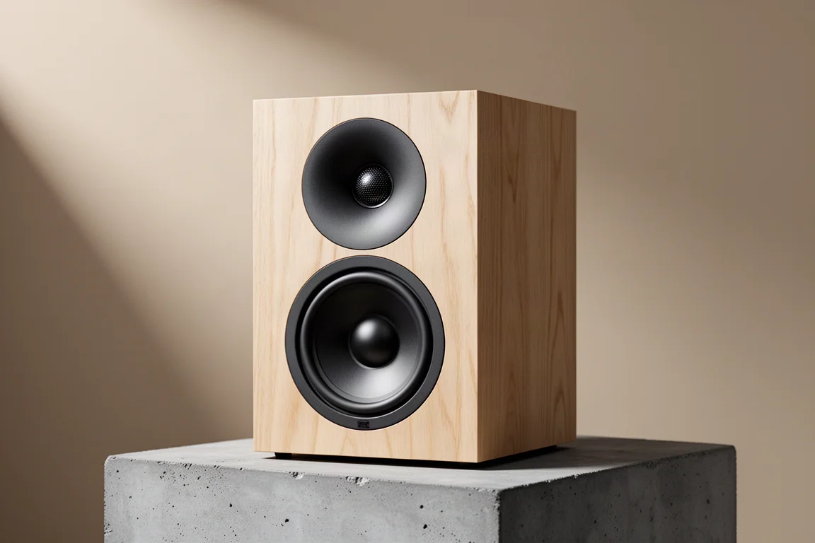Wood-finish passive bookshelf speaker with waveguide tweeter on a concrete plinth