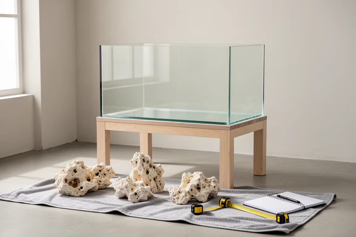 Empty rimless aquarium with pieces of dry rock laid out on a towel beside it