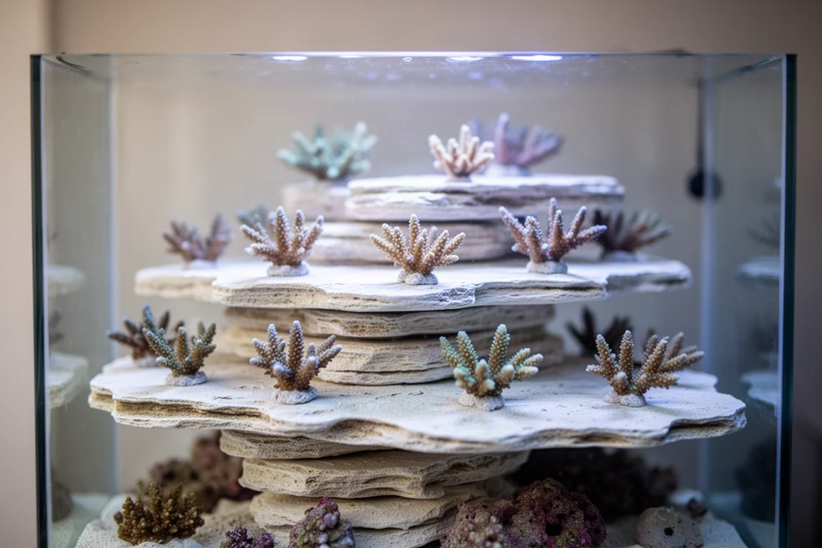 Tiered layers of pale shelf rock inside a reef tank with branching stony corals