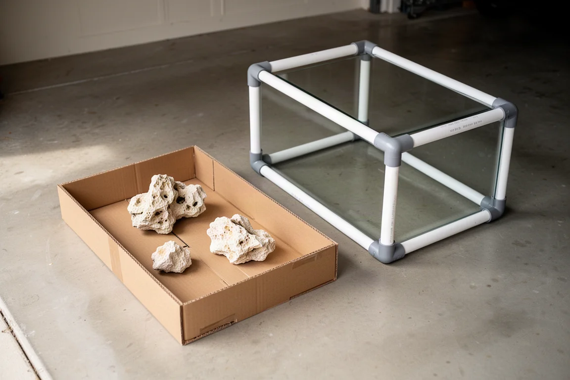 Cardboard tank mock-up beside a PVC frame with dry rock pieces inside the outline