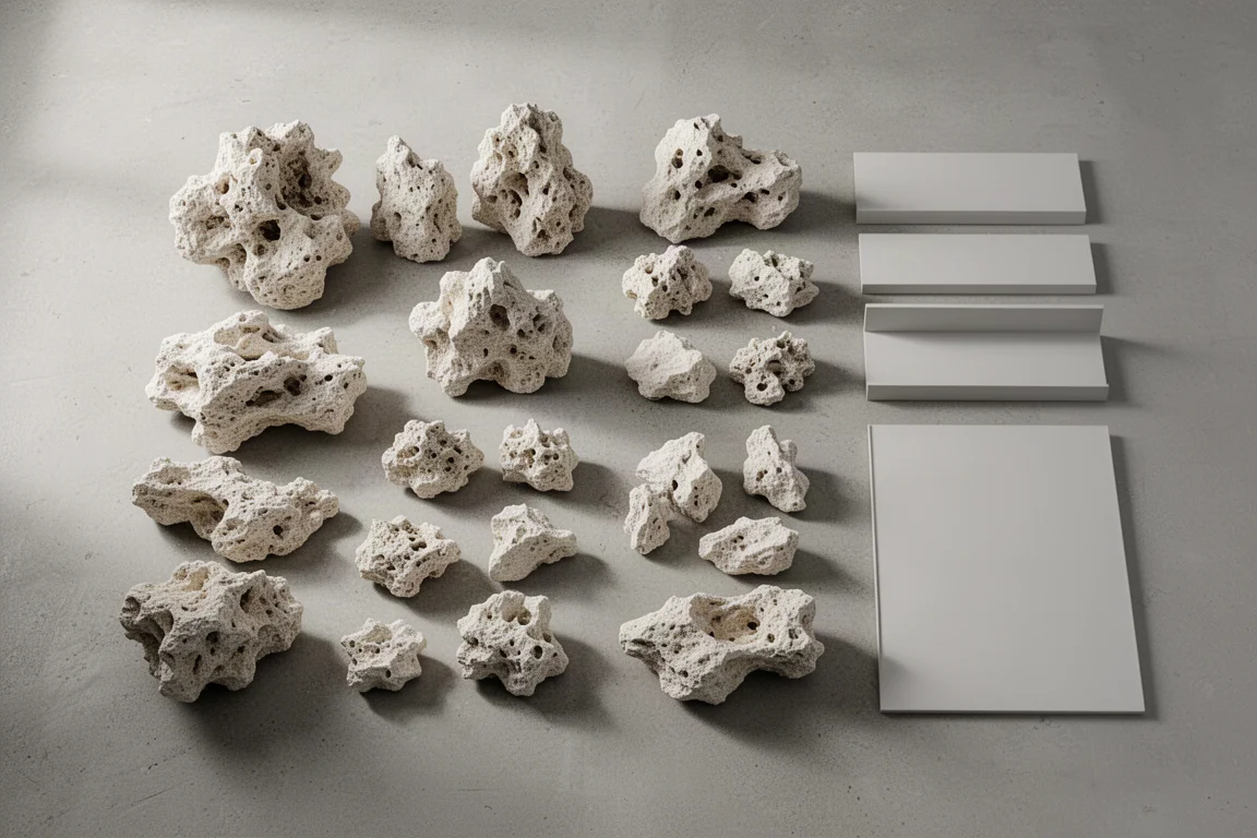 Overhead flat-lay of many dry aquarium rock pieces sorted into groups on concrete