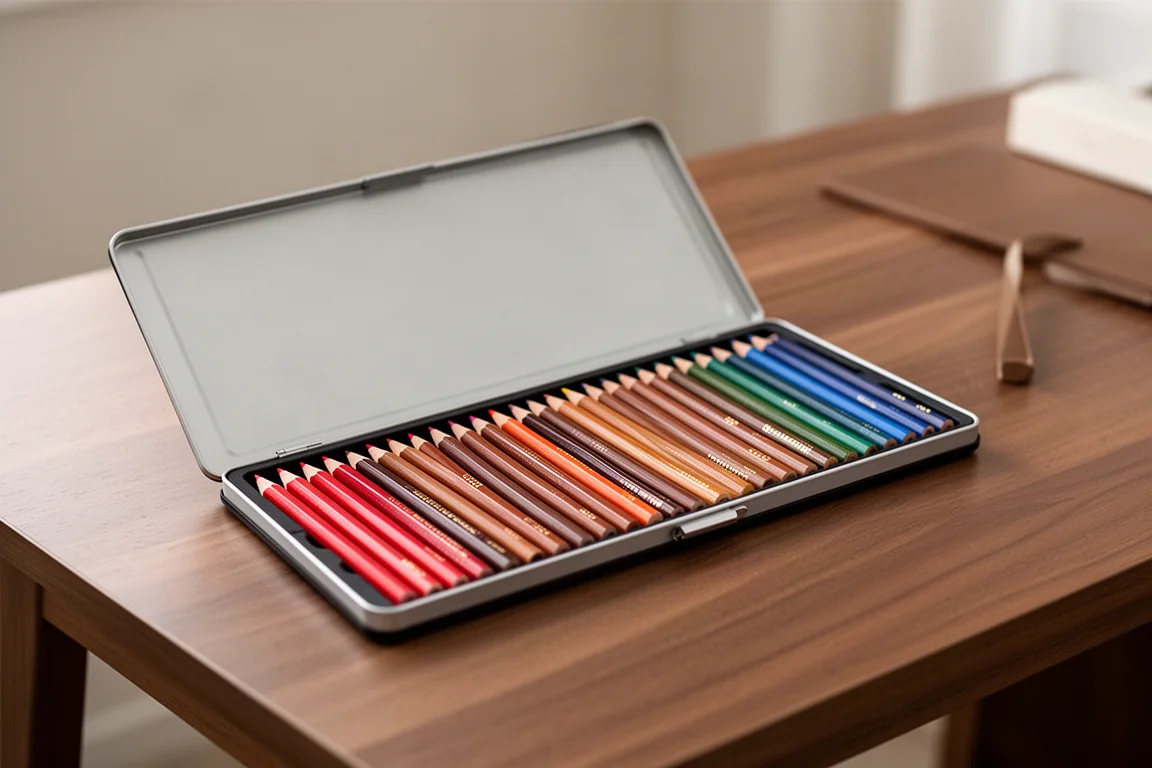 Boîtes de crayons de couleur ouvertes montrant des crayons soigneusement alignés