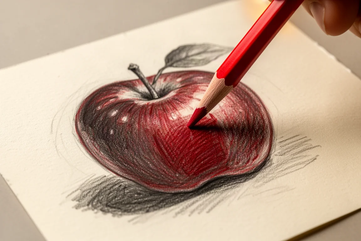 Main exerçant une pression pour dessiner des tons d'ombre profonds sur un croquis de pomme