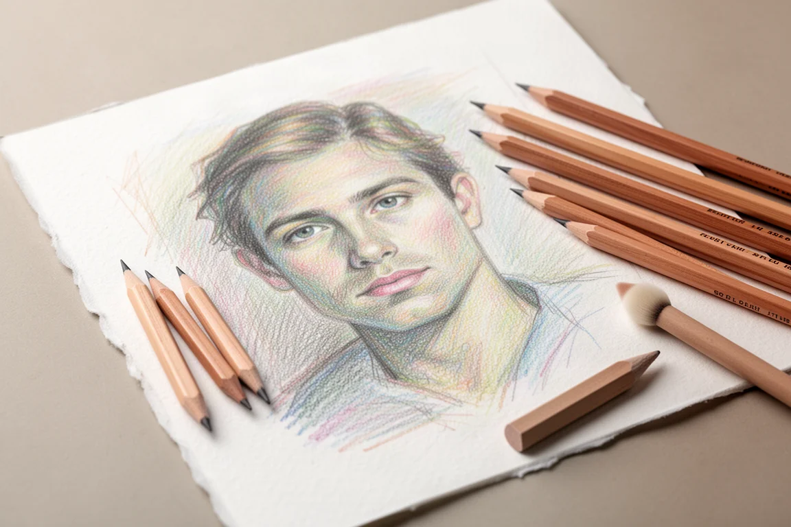 Œuvre au crayon de couleur en cours de réalisation sur papier à dessin texturé premium