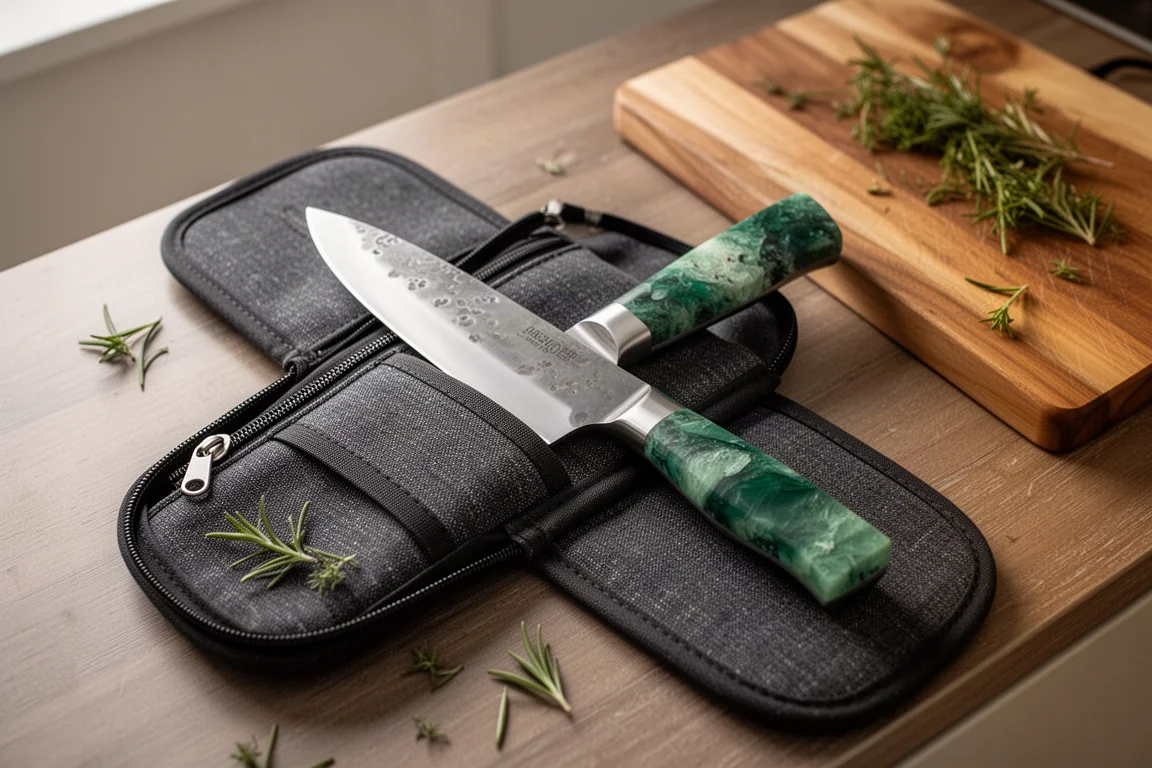 Handmade chef's knife resting in a fabric carrying case beside a cutting board