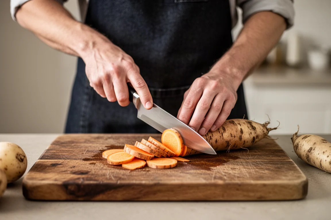 Home cook slicing vegetables with a short chef's knife on a wooden cutting board