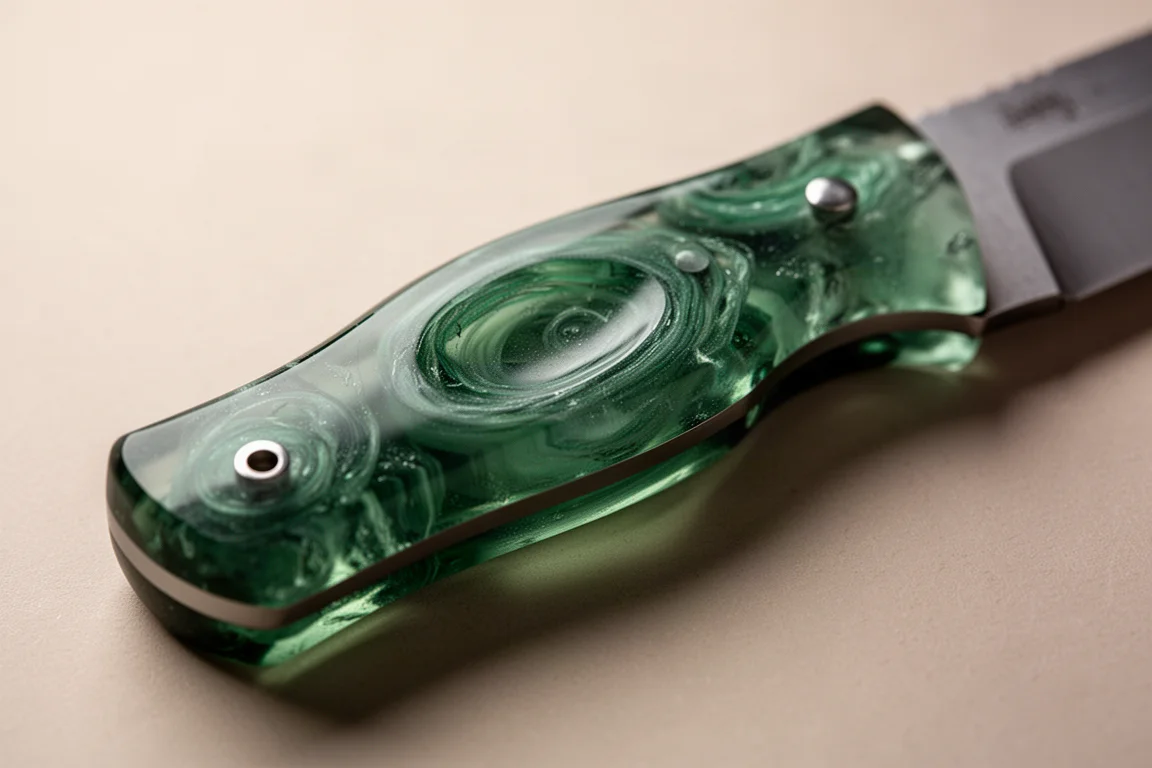 Close-up of a swirly green resin knife handle showing pins and finger groove