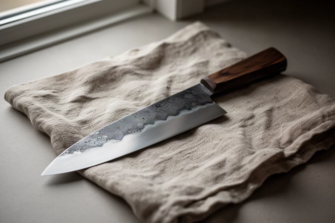 Chef's knife blade with developing patina on a linen cloth