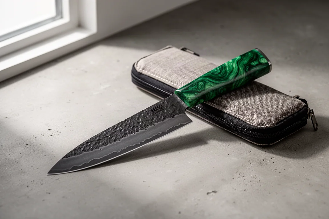 Handmade six inch chef's knife with green resin handle beside a fabric carrying case