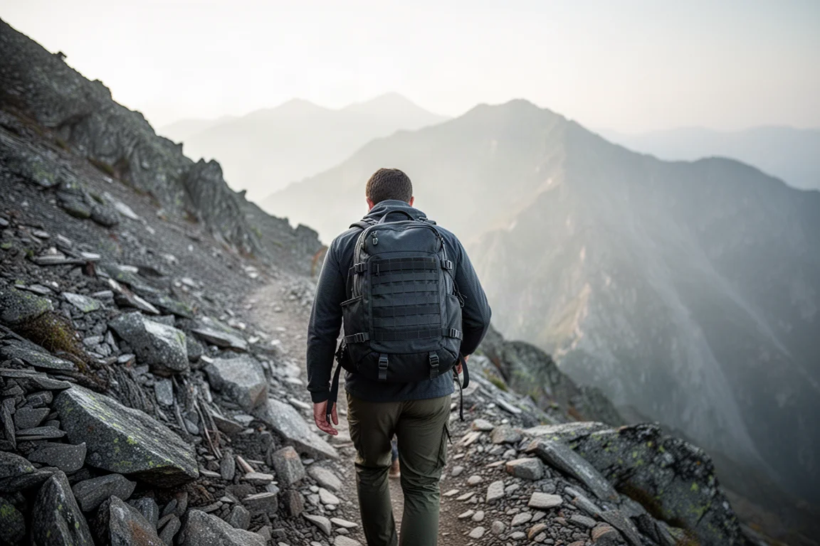 Wanderer mit einem kleinen taktisch anmutenden Tagesrucksack beim Aufstieg auf einen steilen Felspfad