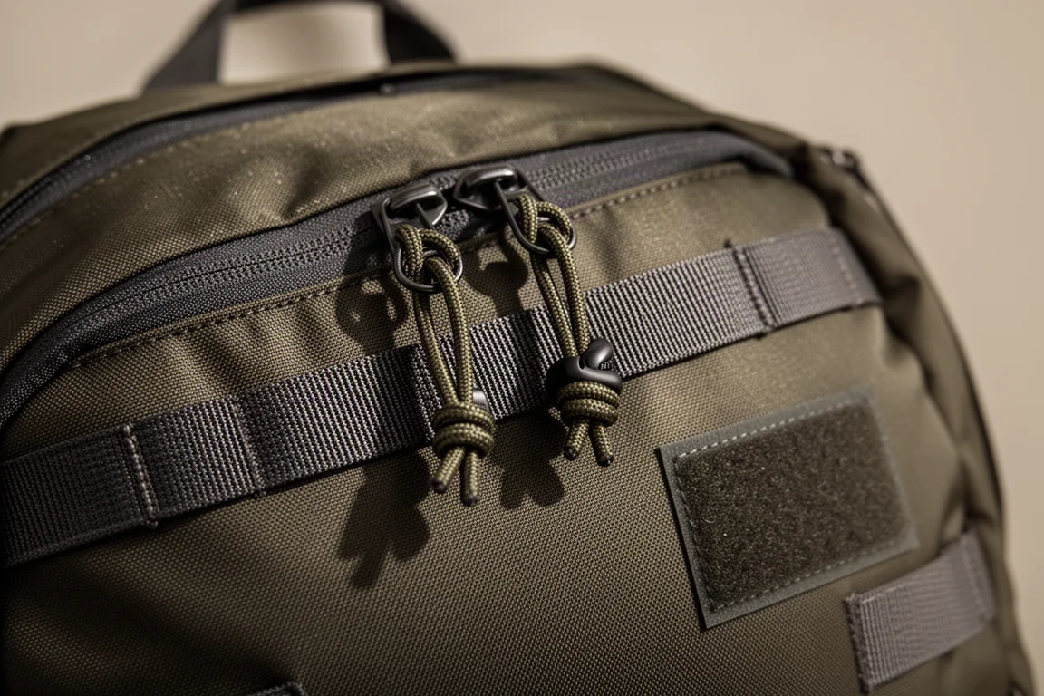 Nahaufnahme von Zugschnüren an Reißverschlüssen und Gurtbandreihen an einem dunklen taktischen Rucksack