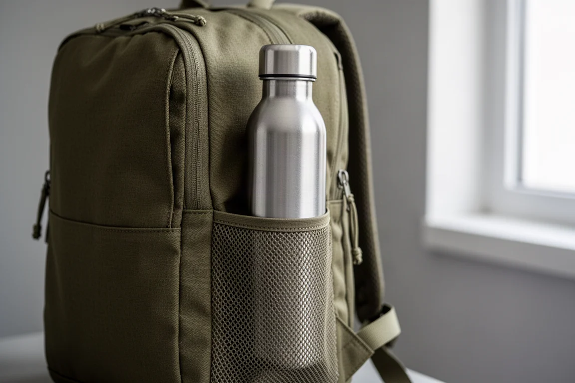Schmale Trinkflasche, teilweise in eine kleine Seitenasche eines Tagesrucksacks gesteckt