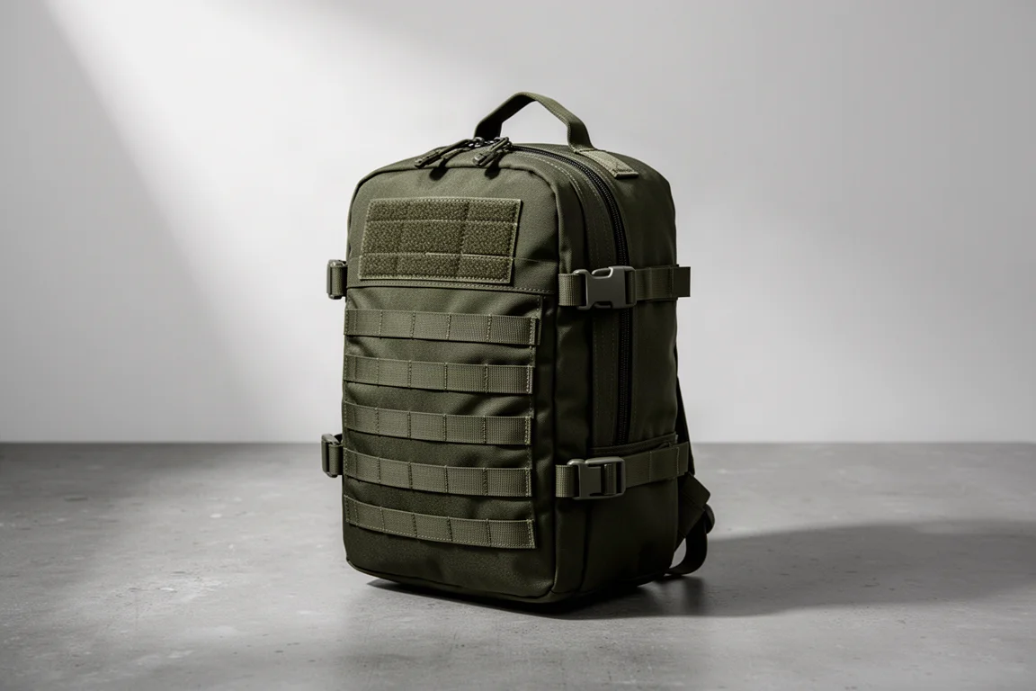 Compact olive tactical-style day pack with webbing standing on a concrete surface