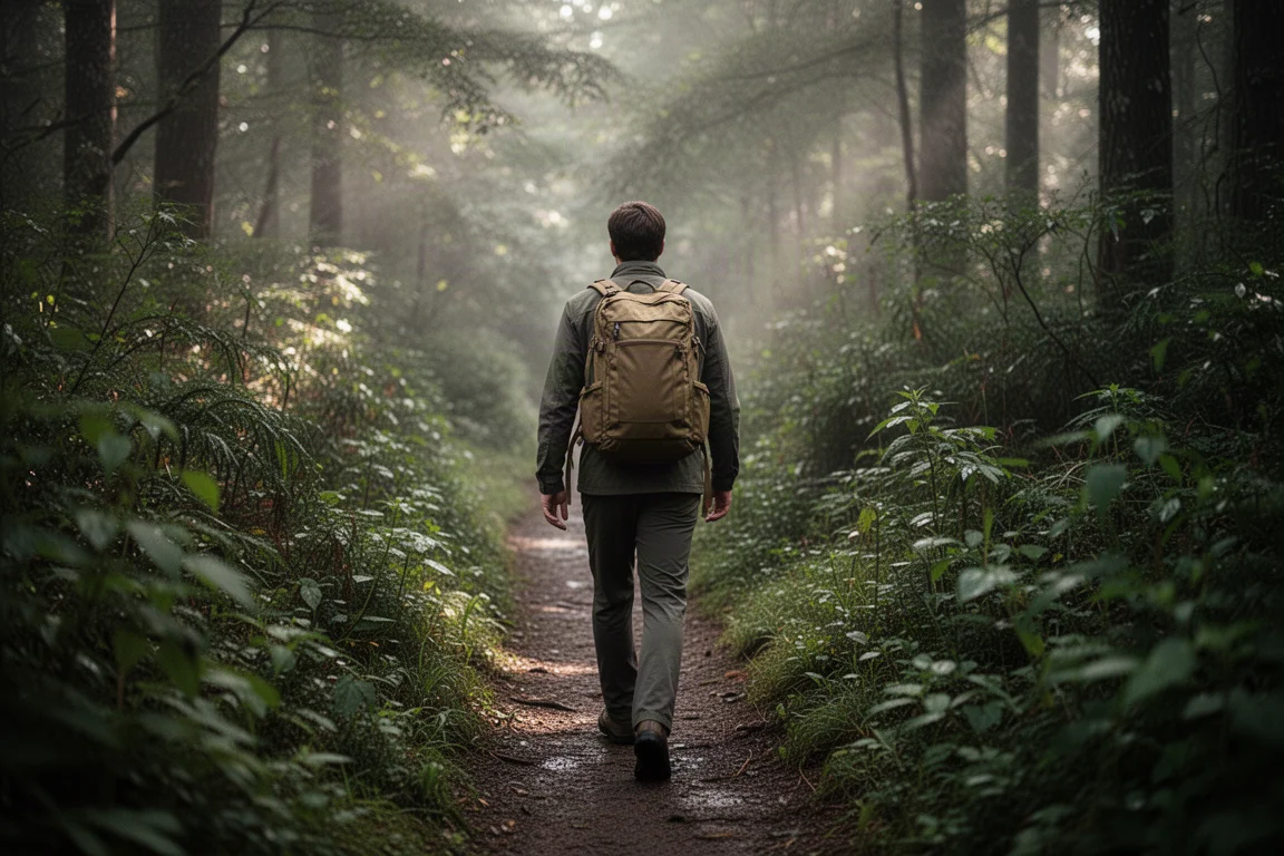 Wanderer auf einem schmalen Waldweg trägt einen kompakten khakifarbenen Rucksack
