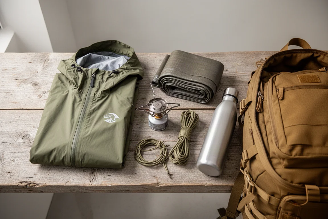 Draufsicht auf flach ausgelegte Wanderausrüstung neben einem offenen khakifarbenen Rucksack