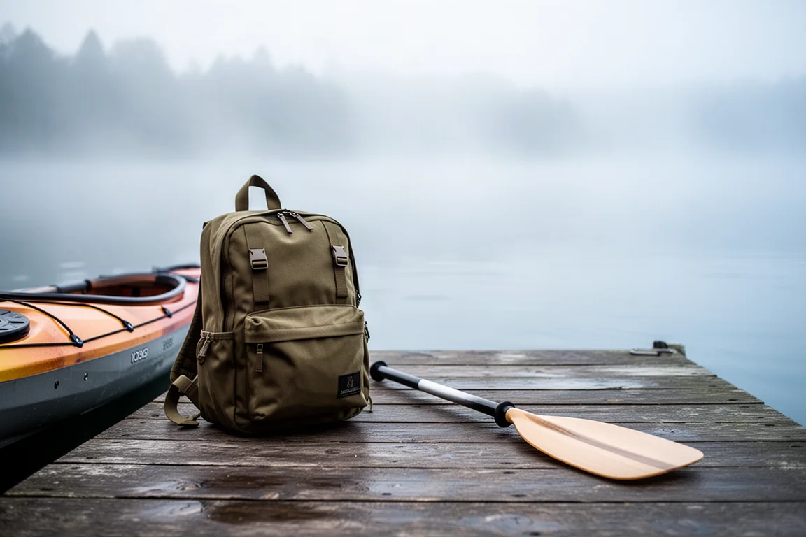 Khakifarbener Rucksack auf einem Holzsteg neben einem Kajak im Morgennebel