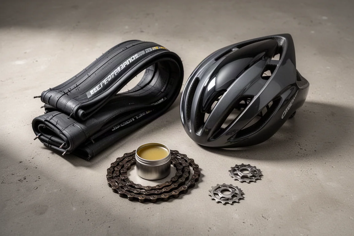 Fietsuitrusting voor wedstrijddag flat lay met performance-banden, aerohelm, cassette en bandenspanningsmeter
