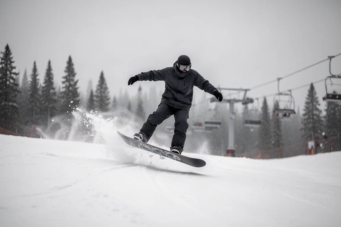 Freestyle-Snowboarder zieht auf einer präparierten Piste bei bedecktem Himmel seine Kurve