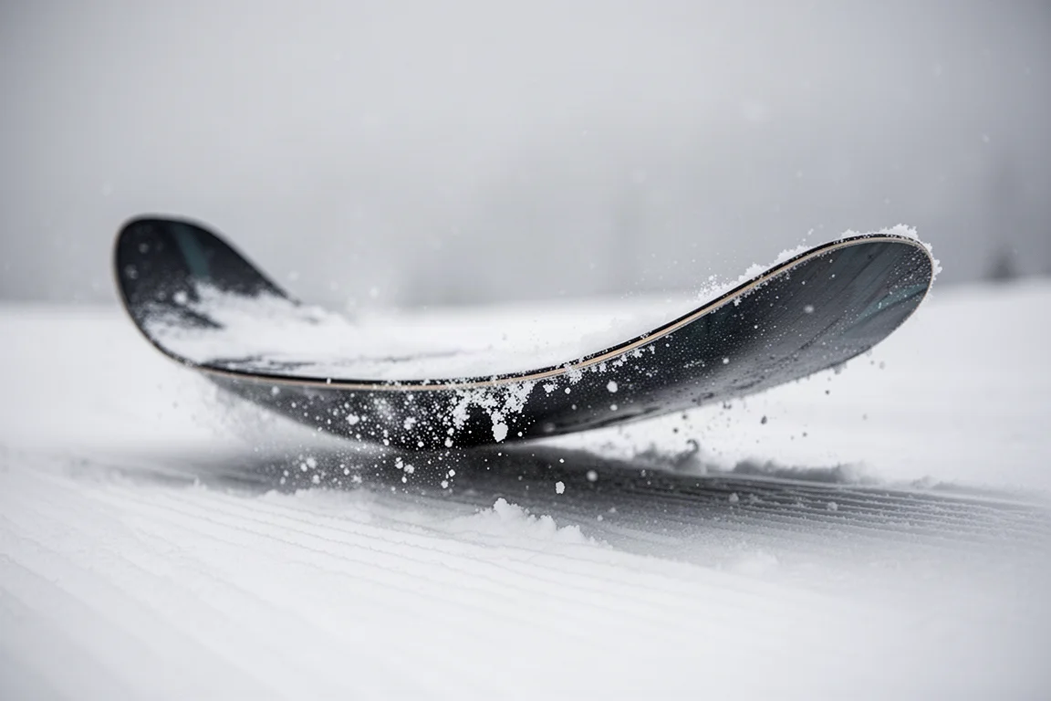 Nahaufnahme eines Snowboard-Tails, das sich auf präpariertem Schnee in eine Press biegt