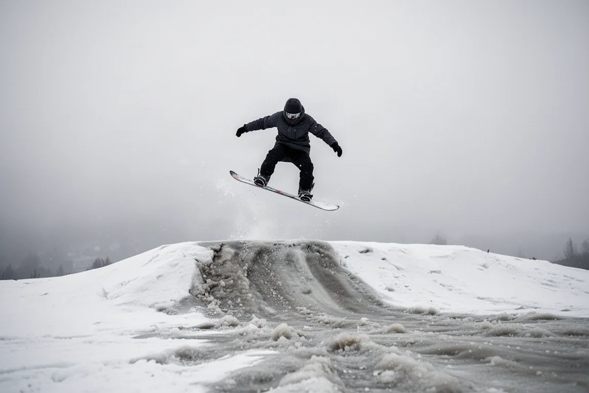Snowboarder startet bei weichem, bedecktem Licht von einer kleinen Welle ab