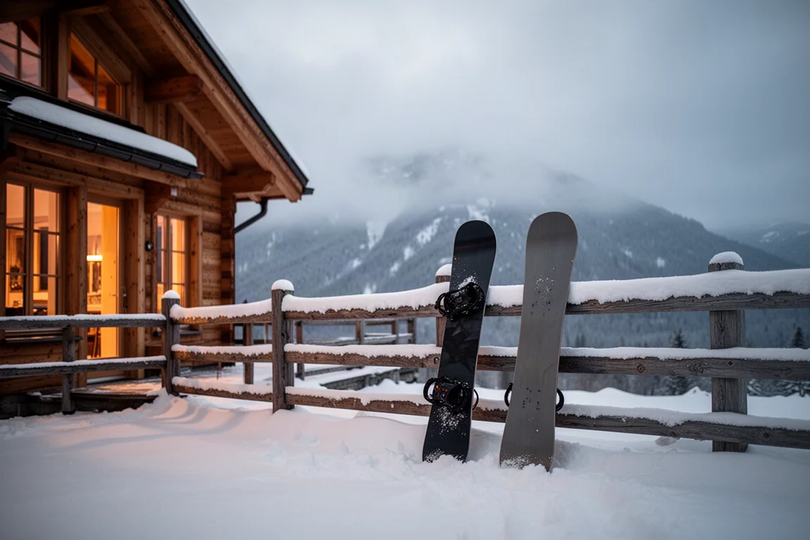 Zwei schlichte Snowboards lehnen in der Dämmerung an einem verschneiten Zaun vor einer Hütte