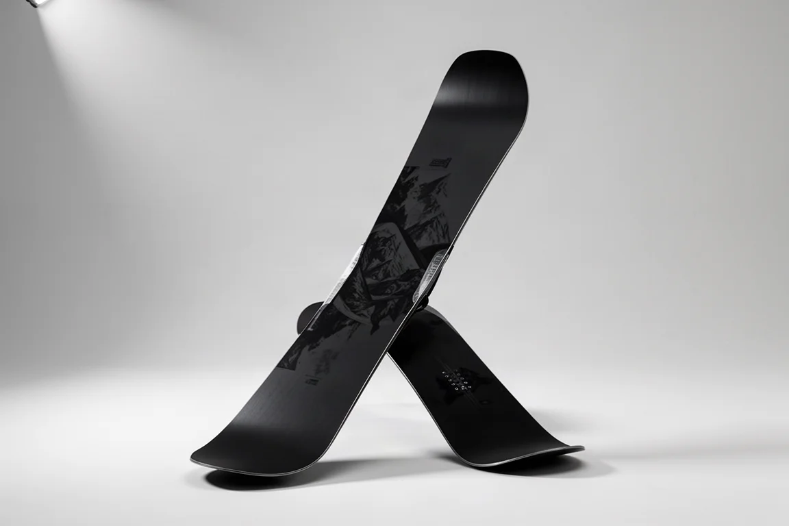 Matte black freestyle snowboard standing upright on a light grey studio backdrop
