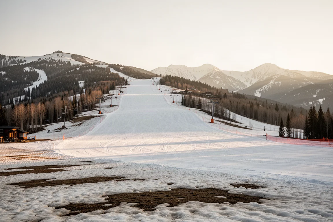 Lente-sneeuwcondities in een skiresort met zachte slush en slushy geprepareerde pistes