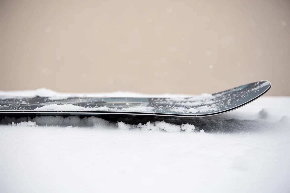 Zijaanzicht van een snowboard met een vlak middenstuk en rockered neus en tail
